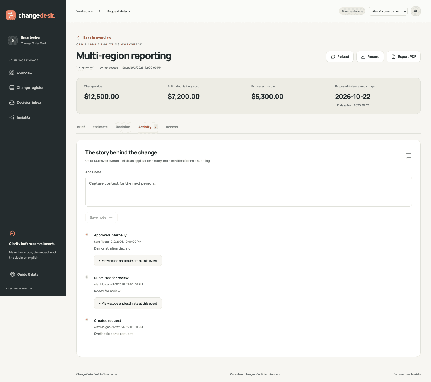 Request activity with historical scope and estimate snapshots. Synthetic demo data.