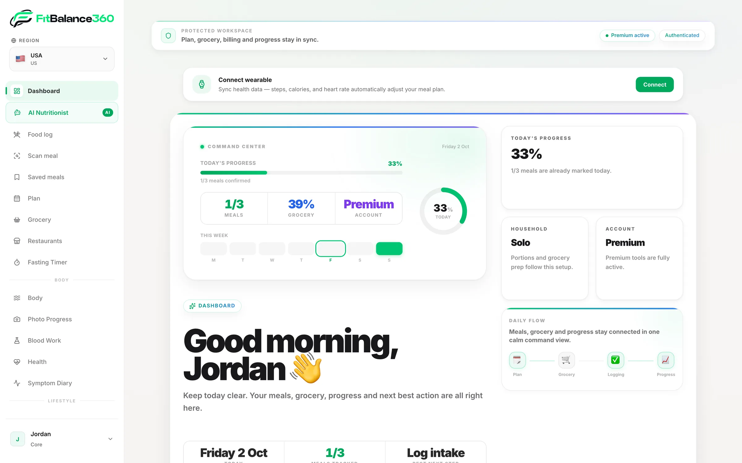 FitBalance360 — Dashboard mit den heutigen Mahlzeiten, dem Einkaufsfortschritt und der Woche