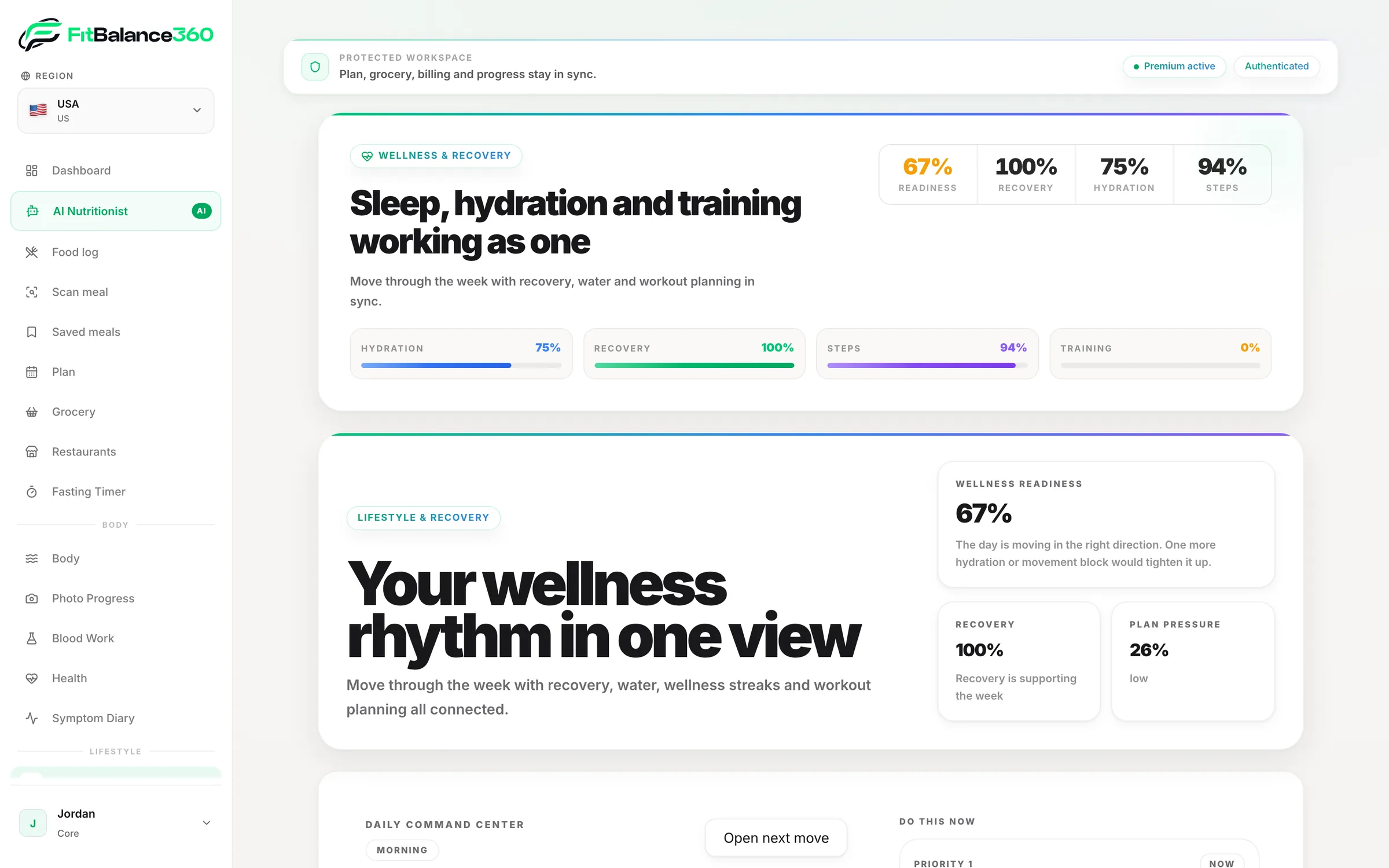 FitBalance360 — Trinkmenge, Erholung, Schritte und Training