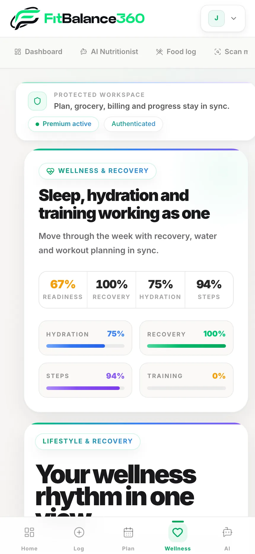 FitBalance360 sur téléphone — sommeil, hydratation et entraînement
