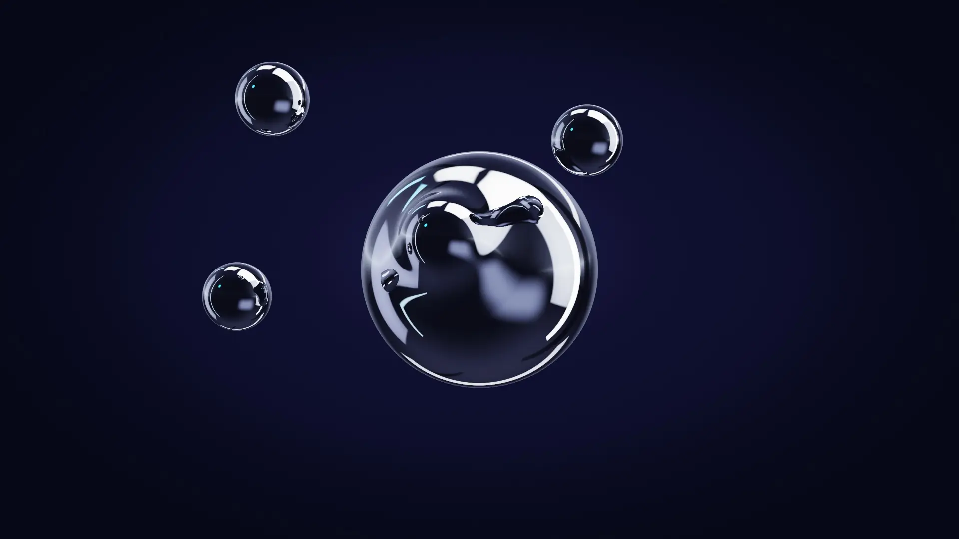 Gocce di cromo liquido che si fondono in un unico nucleo — da dietro, in controluce