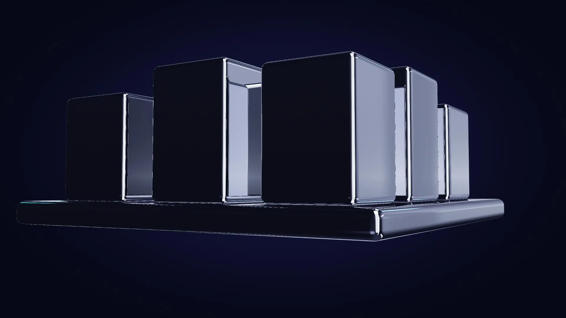Des modules de chrome qui s'élèvent d'une même base — en contre-plongée