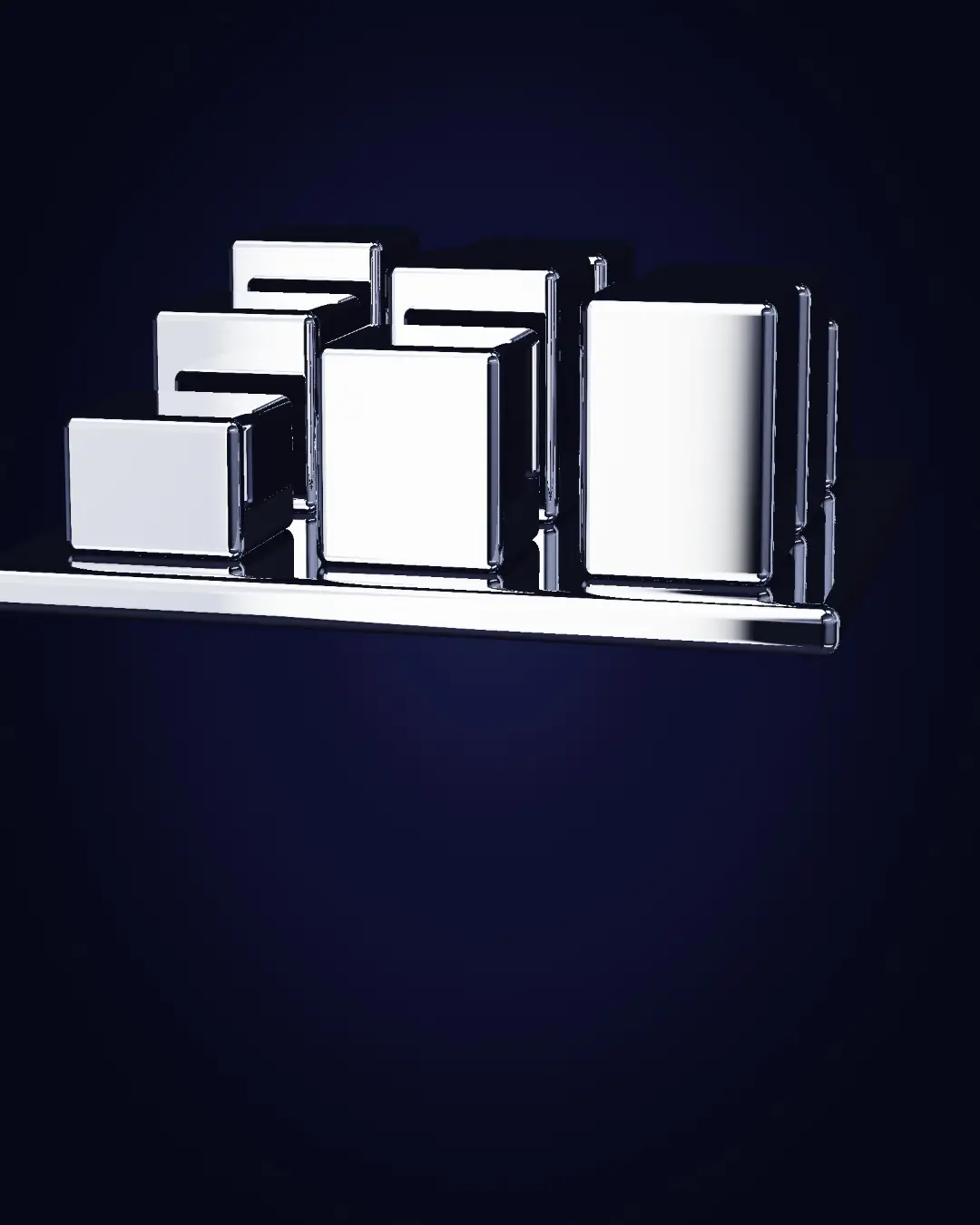 Des modules de chrome qui s'élèvent d'une même base — en plan large