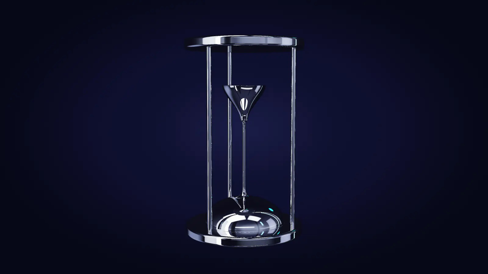 Eine Sanduhr aus Chrom, Quecksilber rinnt vom oberen ins untere Gefäss