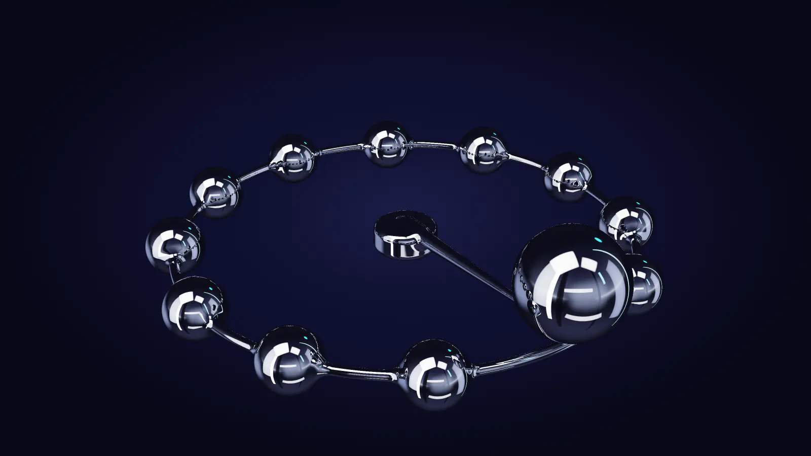 Un anneau de perles de chrome comme les heures d'un cadran, l'une soulevée hors de l'anneau