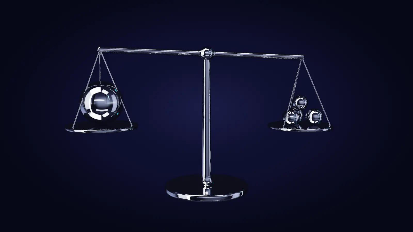 Eine Waage aus Chrom kommt zur Ruhe: eine Kugel, aufgewogen gegen mehrere kleine